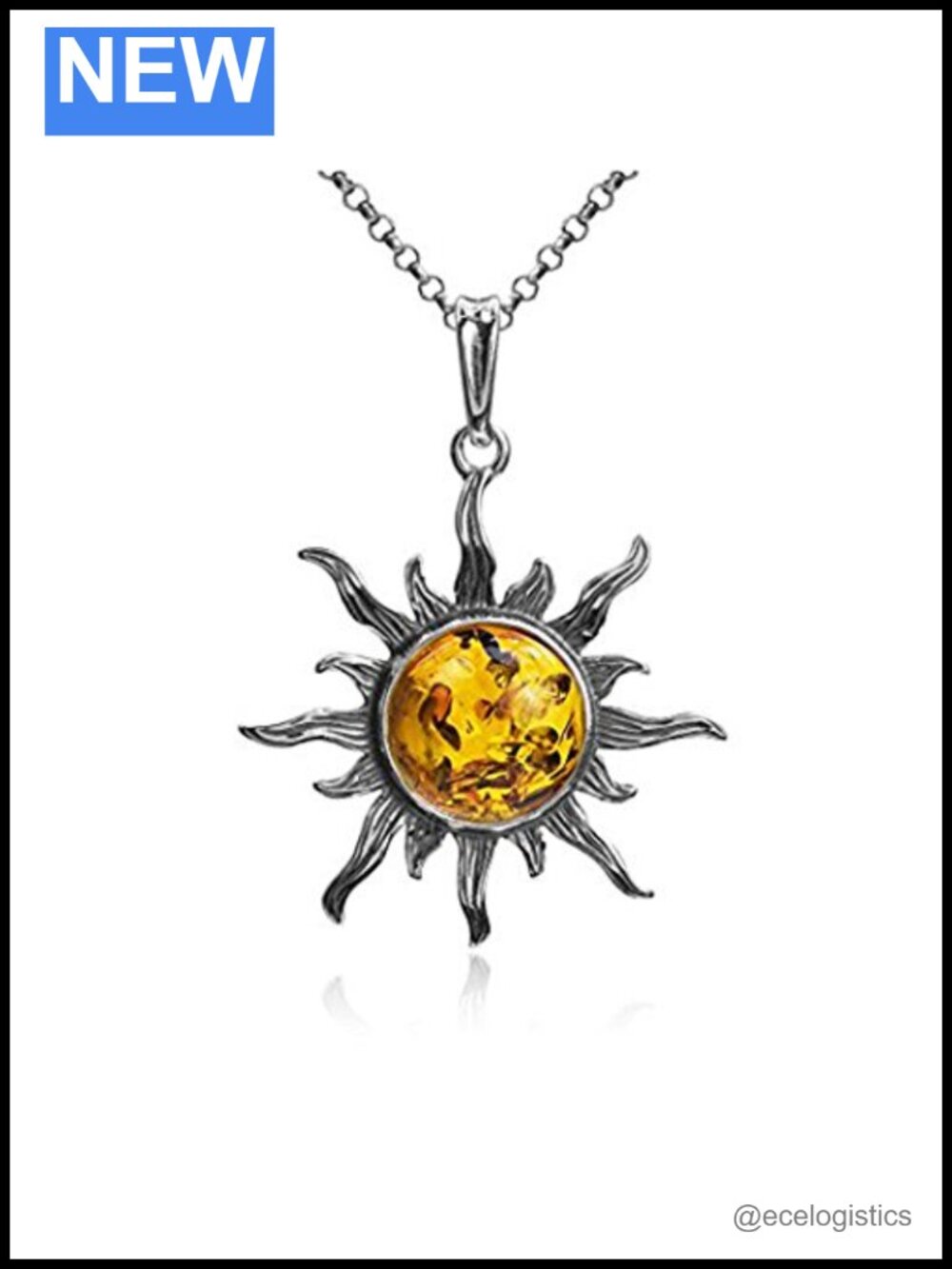 Sterling Silver Amber Sun Pendant Necklace 18"